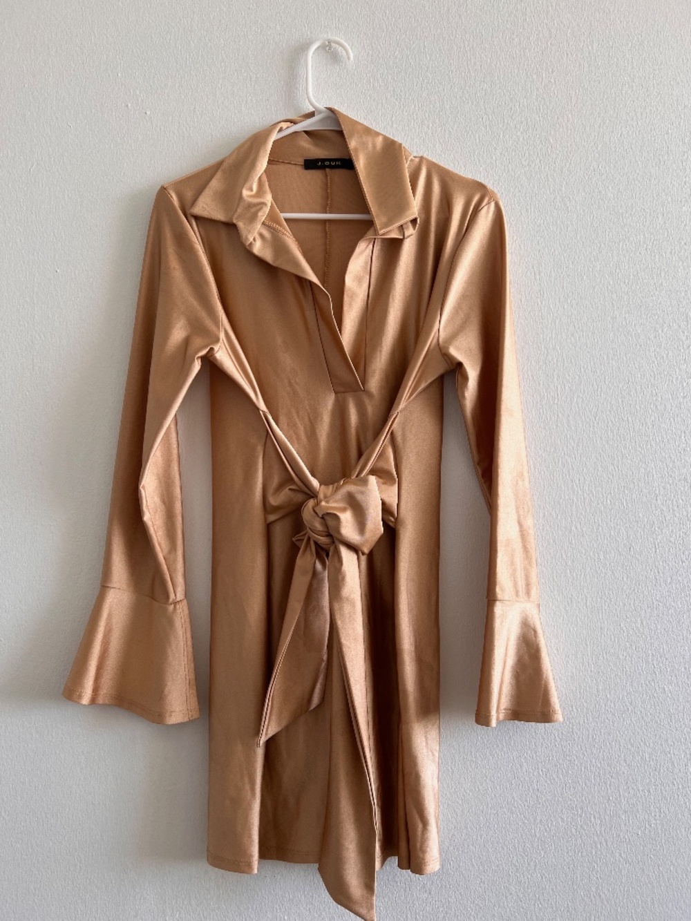 Satin Tie-Waist Long Sleeve Mini Dress